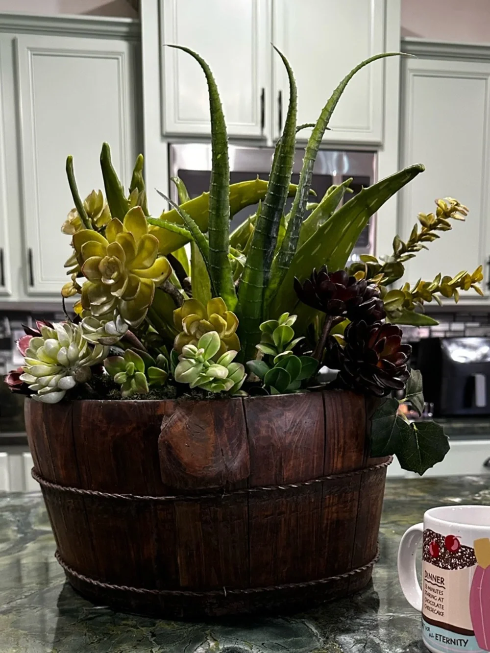 Succulent Barrel Arrangement -Green & Red Large rustic wood barrel planter 15x16